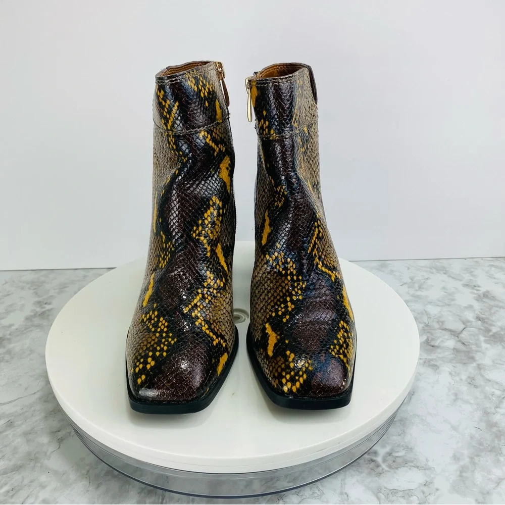 Franco Sarto Leather Ankle Boots 6.5 Lizzard Brown Yellow Zip Block‎ Heel Square